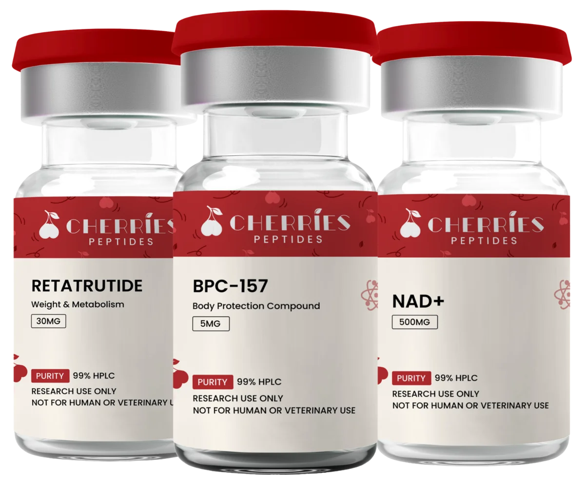Cherries Retatrutide, BPC-157 and NAD+ research vials